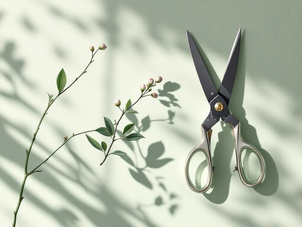 Snoeischaar onder 45 graden hoek op groene achtergrond met tak en klok-elementen in ochtendlicht