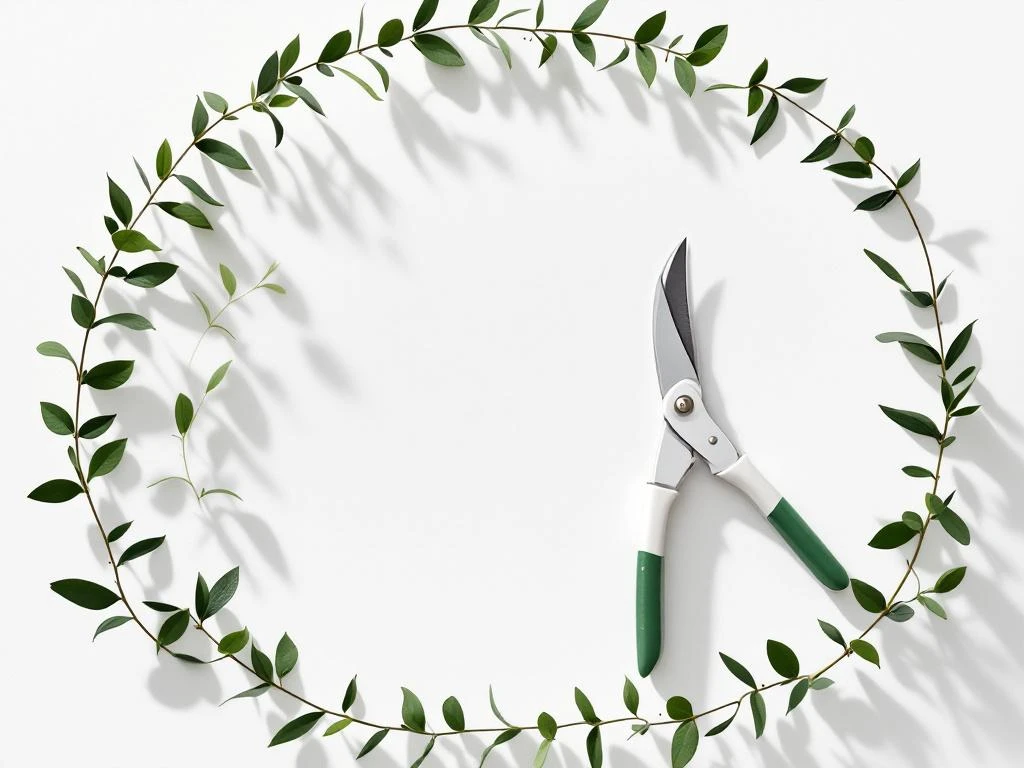 Professionele snoeischaar met verse groene takjes op witte ondergrond in minimalistische tuinonderhoudcompositie