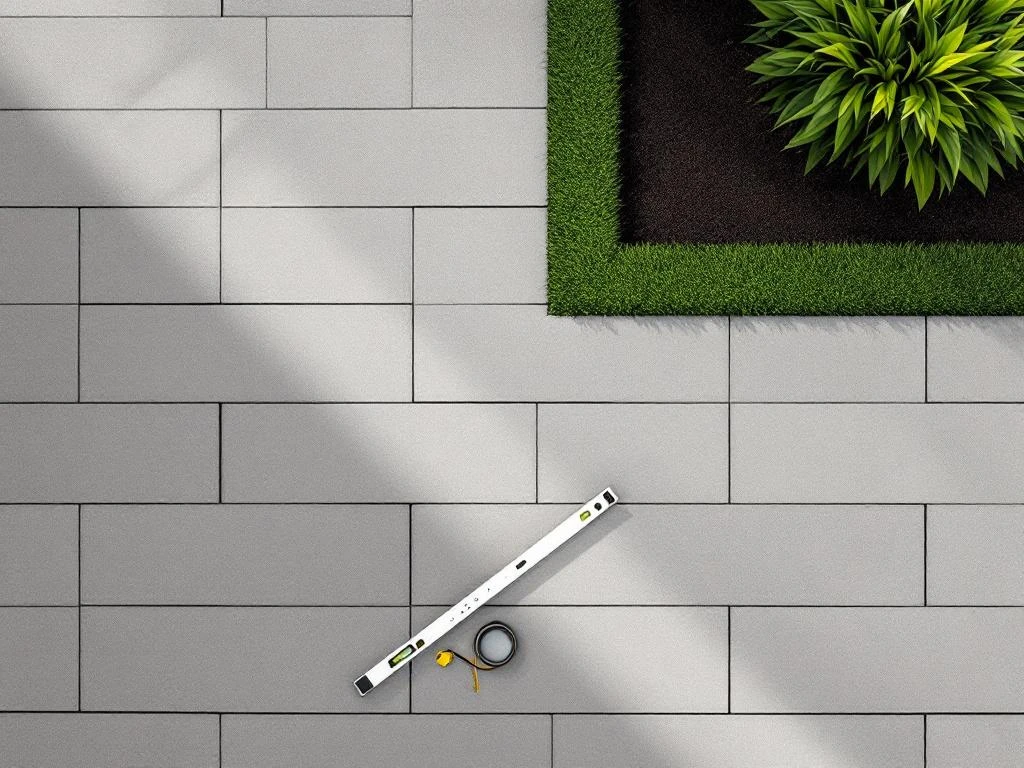 Terras met grijze keramische tegels in visgraatpatroon, waterpas en meetlint, bovenaanzicht met gazonrand