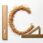 Timmergereedschap gerangschikt in euroteken-vorm vanuit vogelperspectief op witte achtergrond met warme houttinten