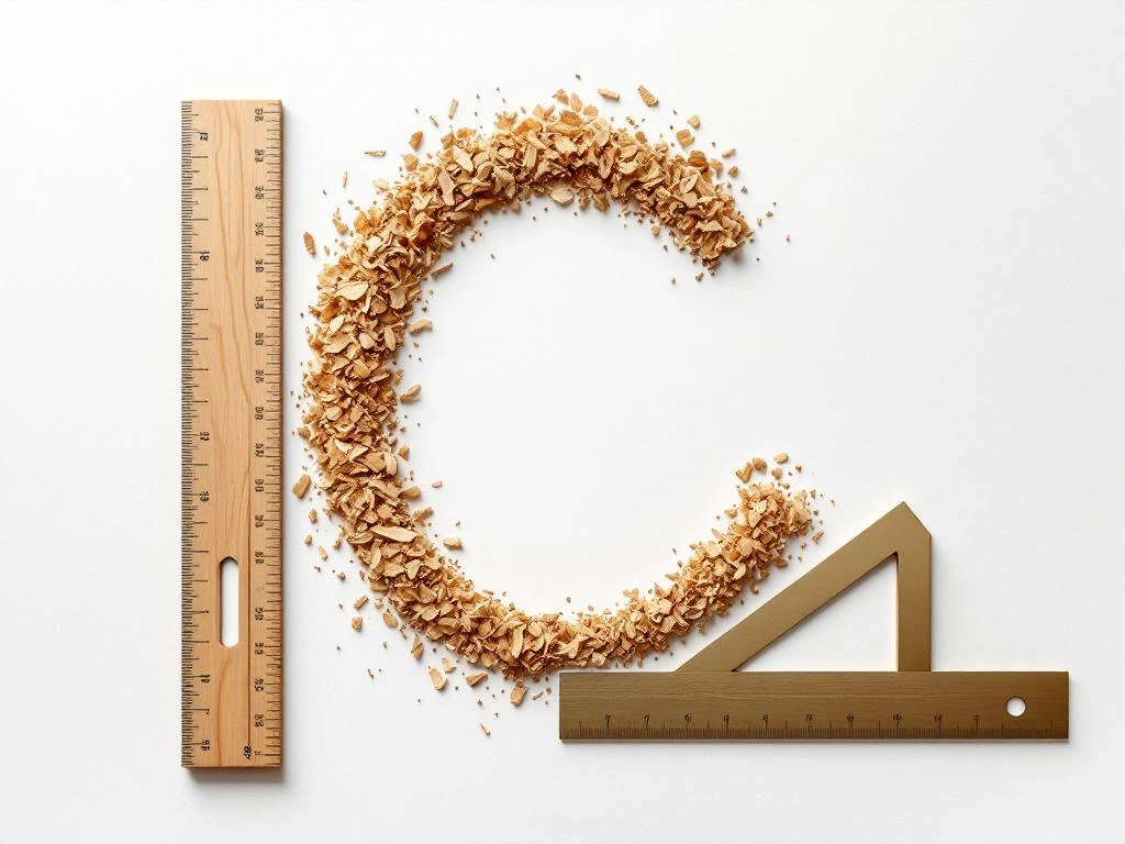 Timmergereedschap gerangschikt in euroteken-vorm vanuit vogelperspectief op witte achtergrond met warme houttinten