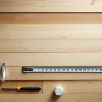 Timmerwerksbank van bovenaf met houten planken, meetlint en gereedschap in natuurlijk licht