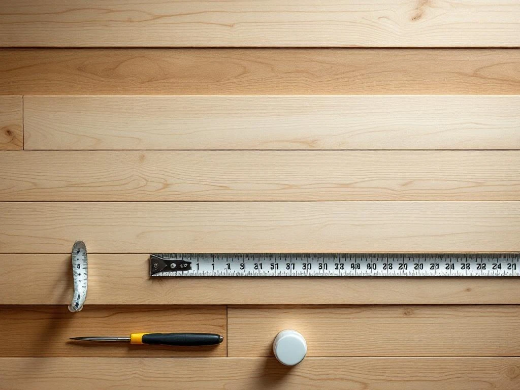 Timmerwerksbank van bovenaf met houten planken, meetlint en gereedschap in natuurlijk licht