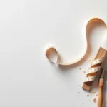 Houten meetlint in S-vorm op witte werkbank met stalen winkelhaak en houtkrullen, bovenaanzicht timmerwerkplaats