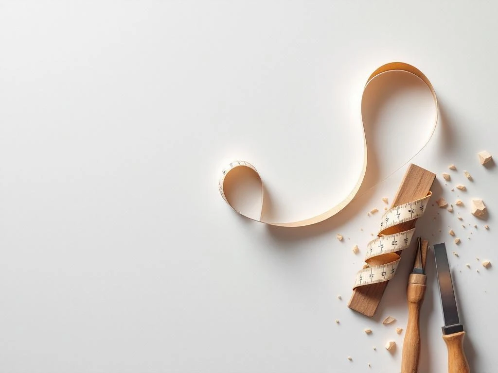 Houten meetlint in S-vorm op witte werkbank met stalen winkelhaak en houtkrullen, bovenaanzicht timmerwerkplaats