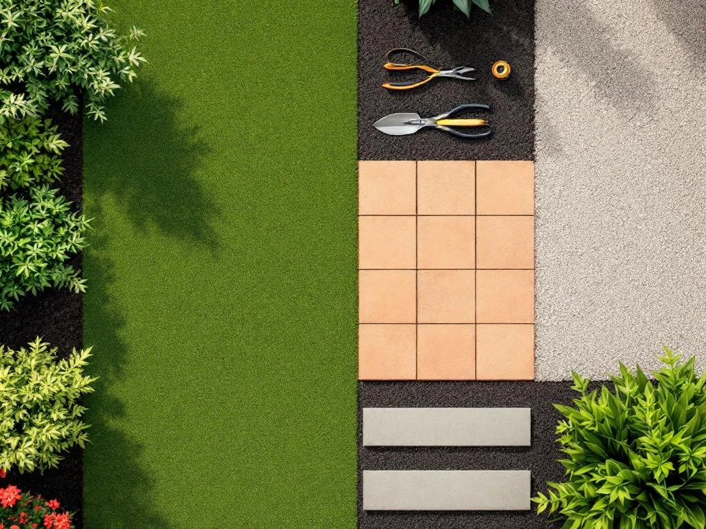 Luchtfoto van geometrisch tuinontwerp met groene grasvelden, terracotta tegels, aarde en grind met tuingereedschap in het midden