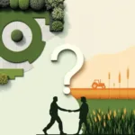 Gesplitst scherm met geometrische tuinelementen en landbouwsymbolen, gescheiden door vraagteken in negatieve ruimte