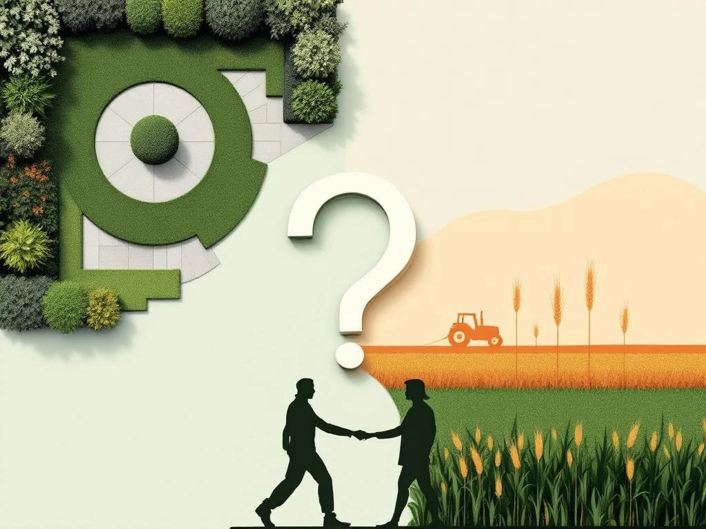 Gesplitst scherm met geometrische tuinelementen en landbouwsymbolen, gescheiden door vraagteken in negatieve ruimte