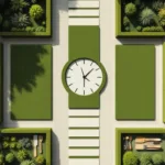 Bovenaanzicht van geometrische tuinwerkruimte met klok in haagontwerp, rechte paden en geschikte tuingereedschap