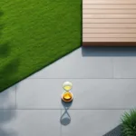 Zandloper op moderne geometrische tuin met grasvelden, stenen paden en houten terras vanuit vogelperspectief