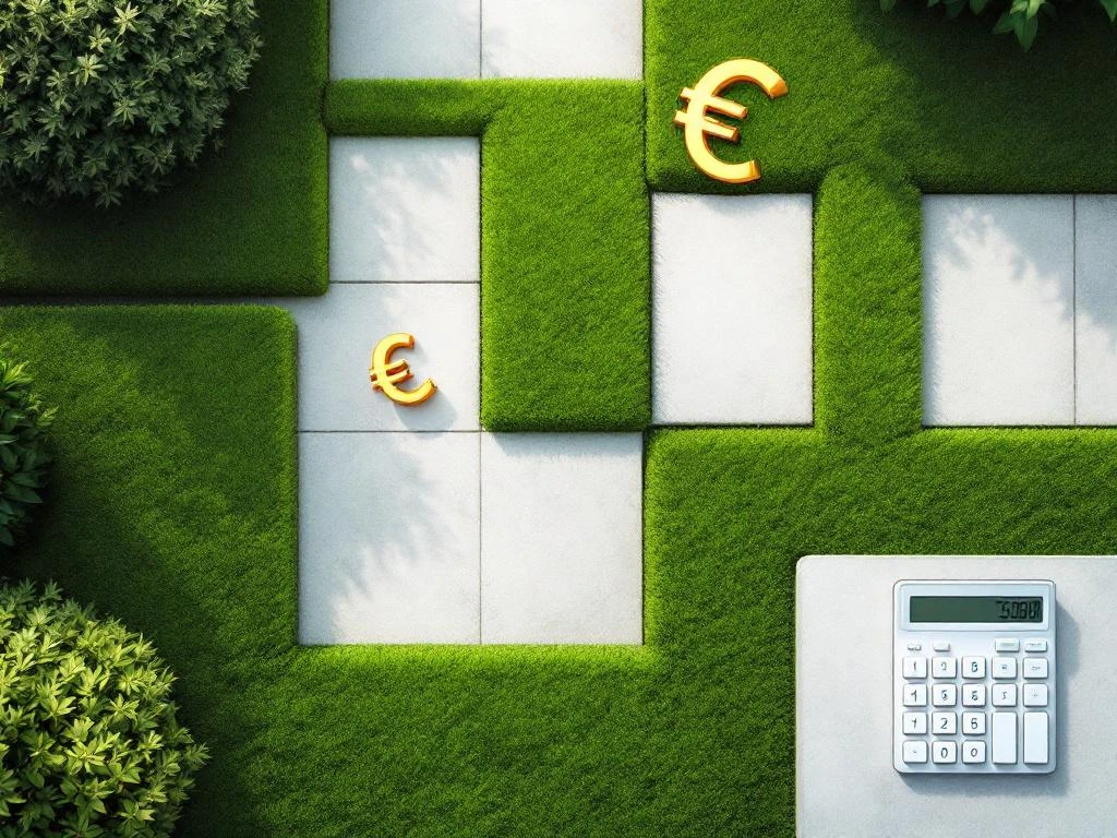 Rekenmachine met euro symbolen op geometrische tuin met groene gazons en witte paden van bovenaf gezien---**Explanation of approach (not part of alt text):**
- Started with main subject (calculator with euro symbols)
- Included key visual elements (geometric garden, green lawns, white paths)
- Mentioned aerial perspective
- Stayed under 125 characters
- Used natural Dutch phrasing
- Included relevant keywords for landscaping/financial context