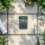 Rekenmachine met groene display op betonnen terras omringd door tuingereedschap, blauwdruk en euromuntjes voor tuinservice prijsberekening