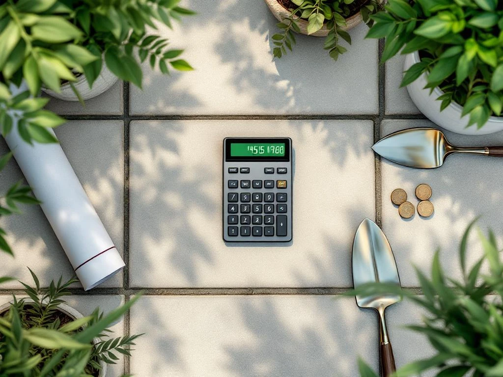 Rekenmachine met groene display op betonnen terras omringd door tuingereedschap, blauwdruk en euromuntjes voor tuinservice prijsberekening