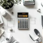 Rekenmachine met verlicht display omringd door tuinblauwdruk, eurobankbiljetten en tuingereedschap op wit oppervlak