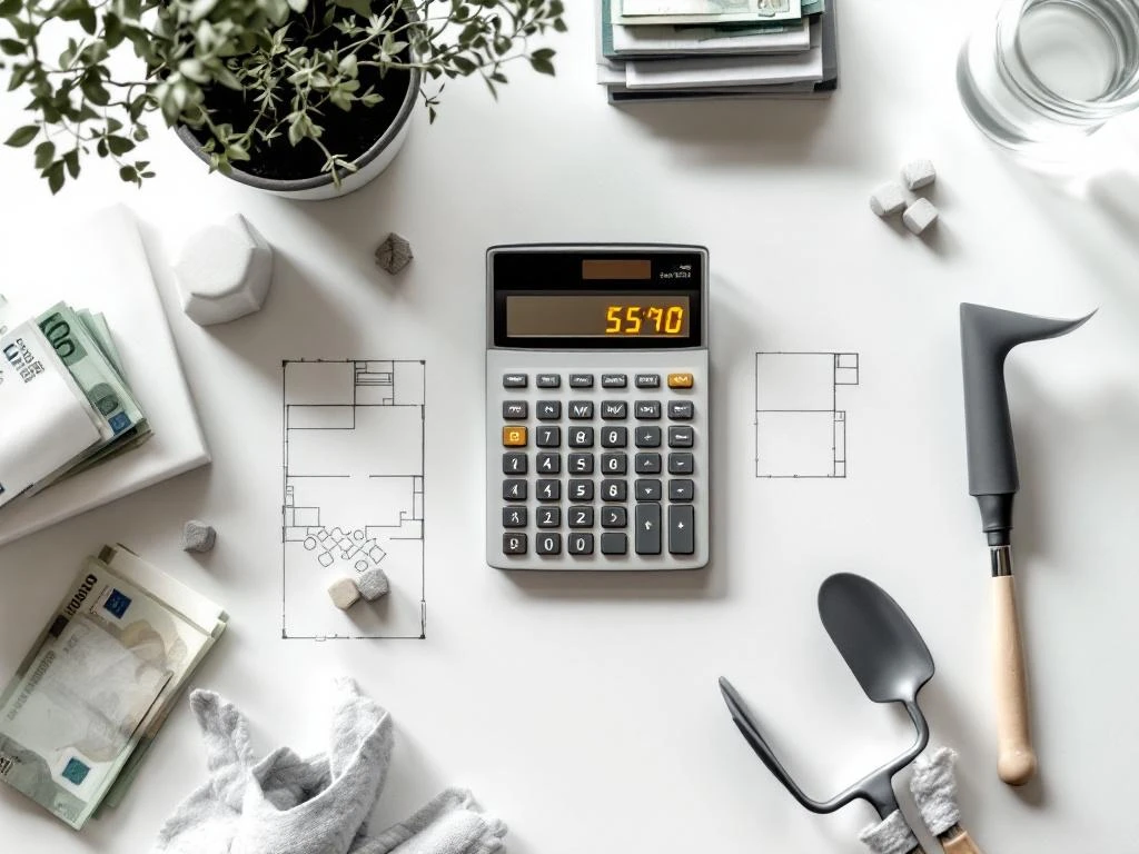 Rekenmachine met verlicht display omringd door tuinblauwdruk, eurobankbiljetten en tuingereedschap op wit oppervlak