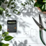 Calculator met salarisindicatie omringd door tuinontwerp, snoeischaar en meetlint voor landschapsarchitect carrièreplanning