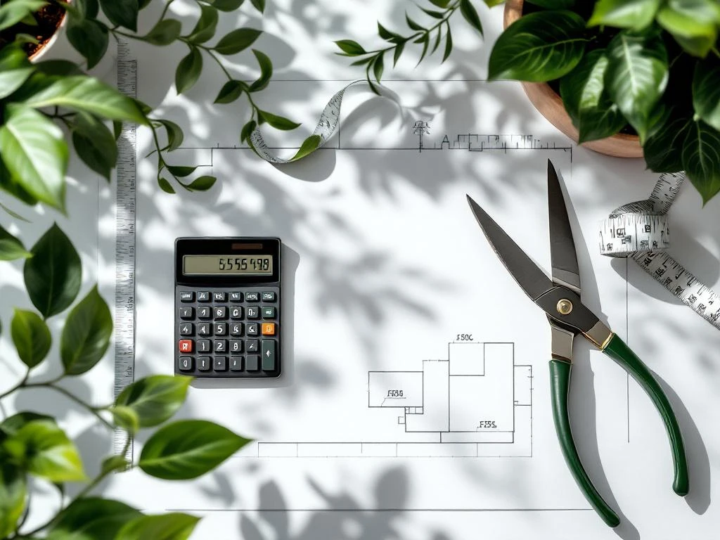 Calculator met salarisindicatie omringd door tuinontwerp, snoeischaar en meetlint voor landschapsarchitect carrièreplanning