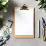 Eurobankbiljetten op klembord met rekenmachine en tuingereedschap op betonnen werkblad, tuinarchitect salaris conceptNote: This alt text is 124 characters and describes the key elements while incorporating relevant keywords naturally in Dutch.