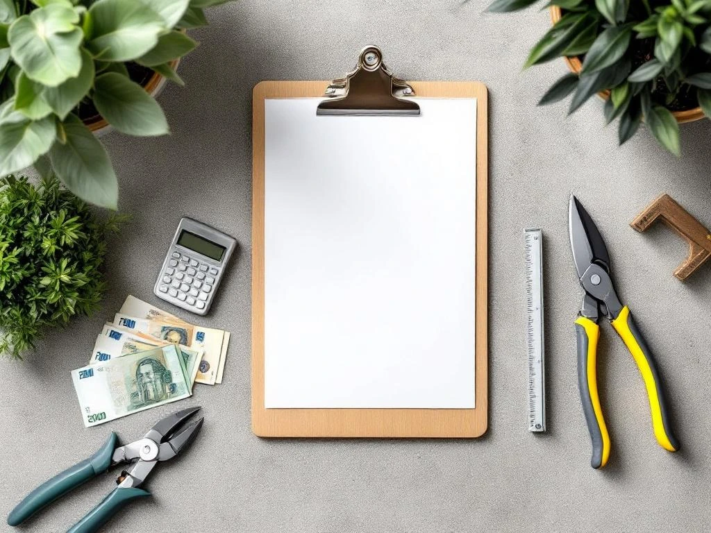 Eurobankbiljetten op klembord met rekenmachine en tuingereedschap op betonnen werkblad, tuinarchitect salaris conceptNote: This alt text is 124 characters and describes the key elements while incorporating relevant keywords naturally in Dutch.