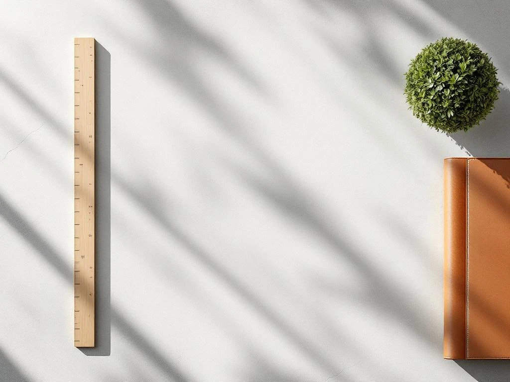 Tuinwerkruimte met meetinstrumenten, liniaal en certificaatmap geometrisch gerangschikt op betonnen oppervlak met buxusbol