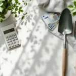 Rekenmachine, eurobankbiljetten en tuingereedschap op neutrale ondergrond voor tuinbedrijf calculaties