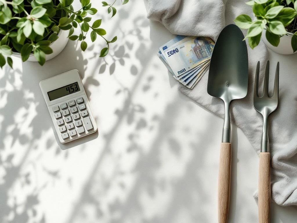 Rekenmachine, eurobankbiljetten en tuingereedschap op neutrale ondergrond voor tuinbedrijf calculaties