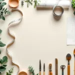 Tuinontwerp werkplek met meetlint, blauwdrukken en tuingereedschap in geometrische opstelling vanuit vogelperspectief