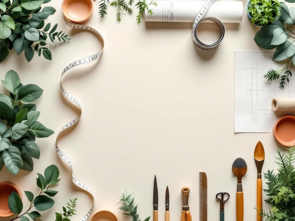 Tuinontwerp werkplek met meetlint, blauwdrukken en tuingereedschap in geometrische opstelling vanuit vogelperspectief