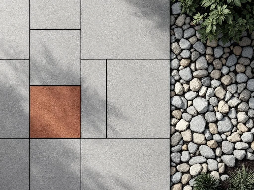 Tuintegels in geometrisch patroon met grijze tegels, terracotta en natuursteen met prijsaanduidingen