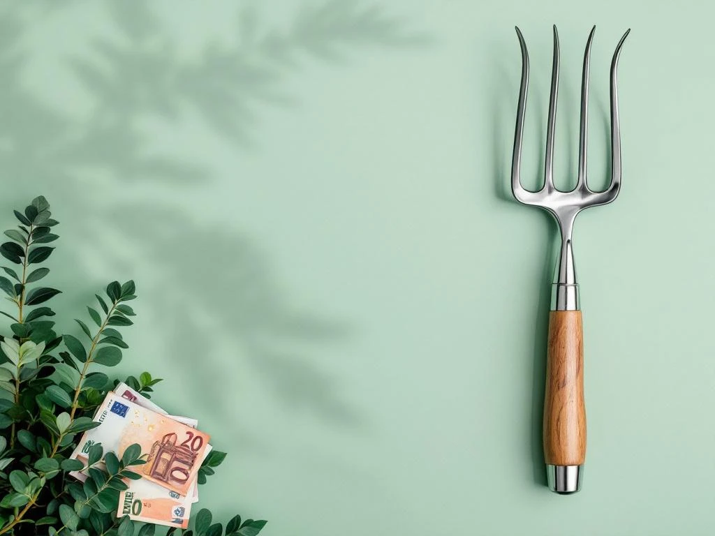 Tuingereedschap van bovenaf met schep, snoeischaar en hark op groene ondergrond met eurobiljetten in hoek