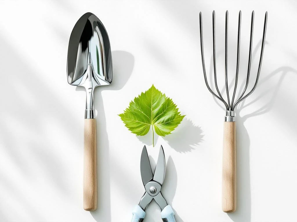 Tuingereedschap in geometrisch patroon met spade, snoeischaar en hark rond groen blad op wit oppervlak