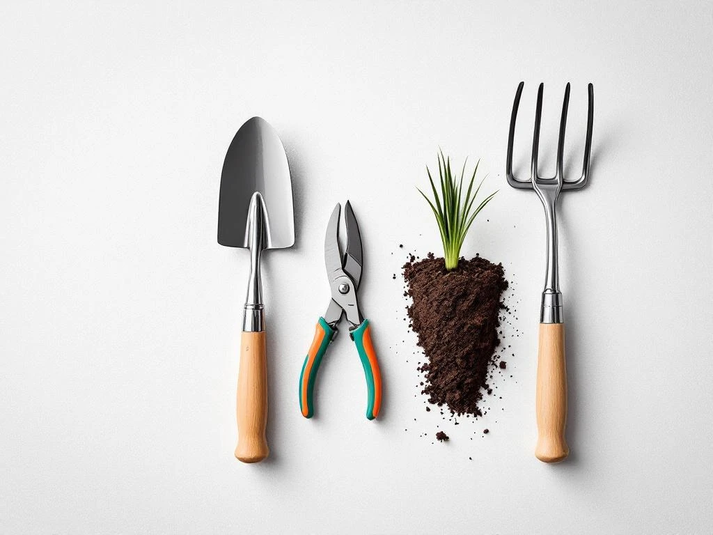 Tuingereedschap symmetrisch gerangschikt van bovenaf: chromen spade, snoeischaar en hark op wit beton met groen gras en aarde.