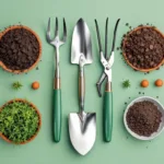 Tuingereedschap in geometrische opstelling van bovenaf: schop, snoeischaar en hark op saliegroen oppervlak