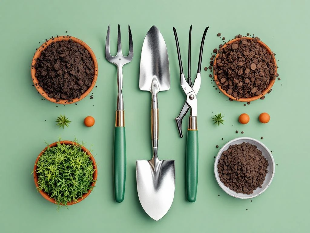 Tuingereedschap in geometrische opstelling van bovenaf: schop, snoeischaar en hark op saliegroen oppervlak