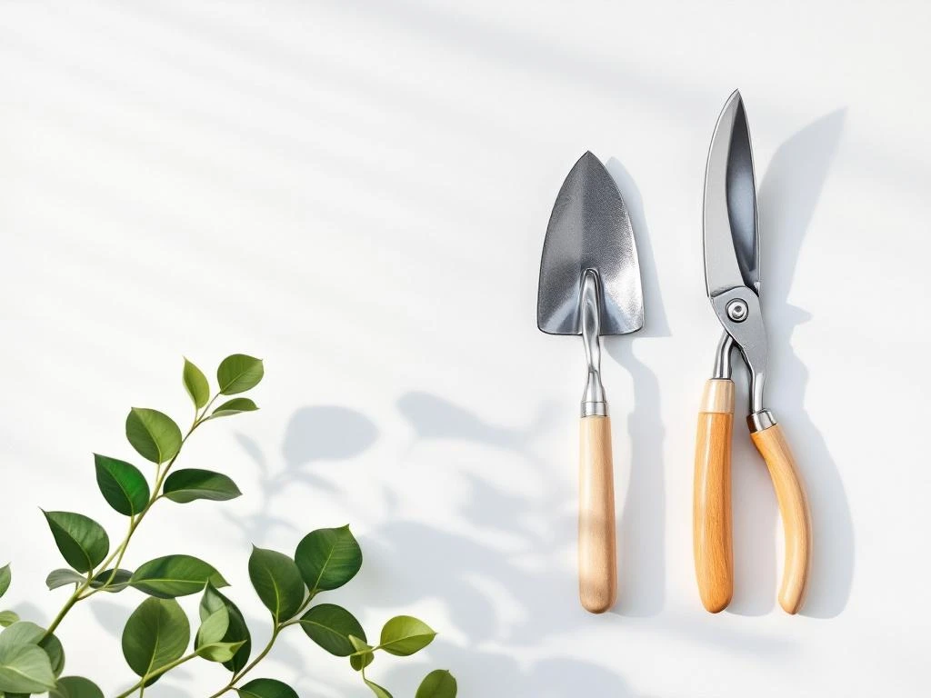 Tuingereedschap in geometrische opstelling van bovenaf: schop, snoeischaar en schepje op witte achtergrond met groene bladeren