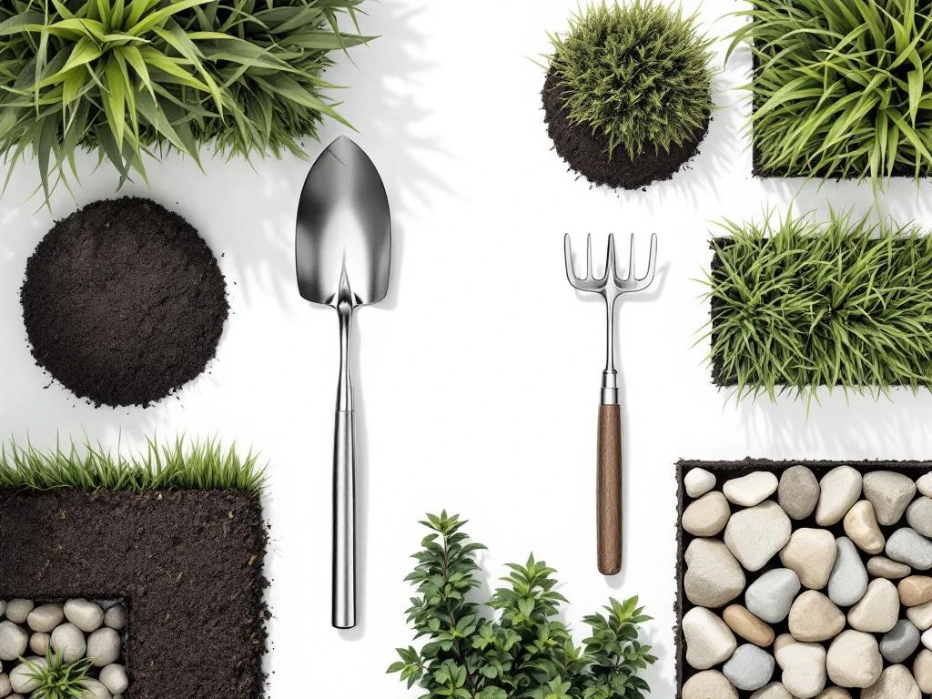 Tuingereedschap in geometrische opstelling van bovenaf: schop, snoeischaar en hark met aarde, gras en stenen op wit.