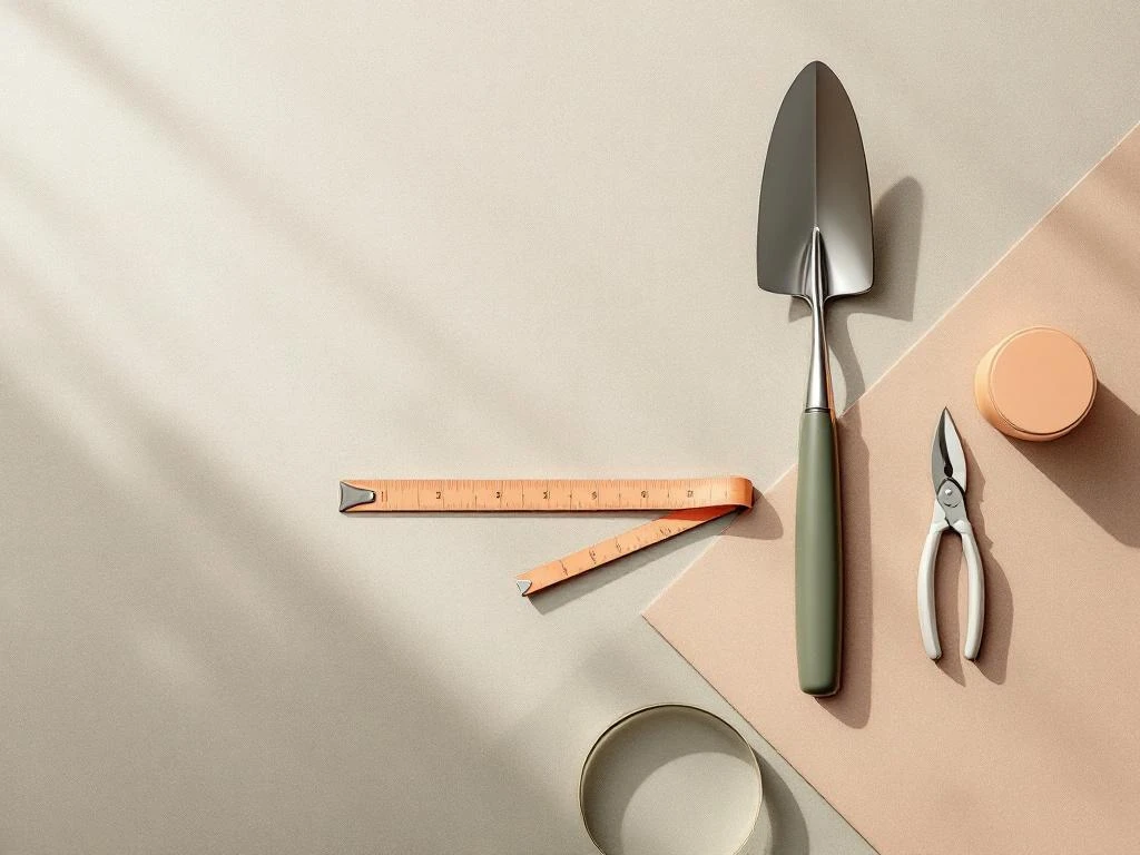 Tuingereedschap in geometrische driehoek op beton: snoeischaar, schep en meetlint in groen, terracotta en grijsNote: This is 120 characters including spaces.