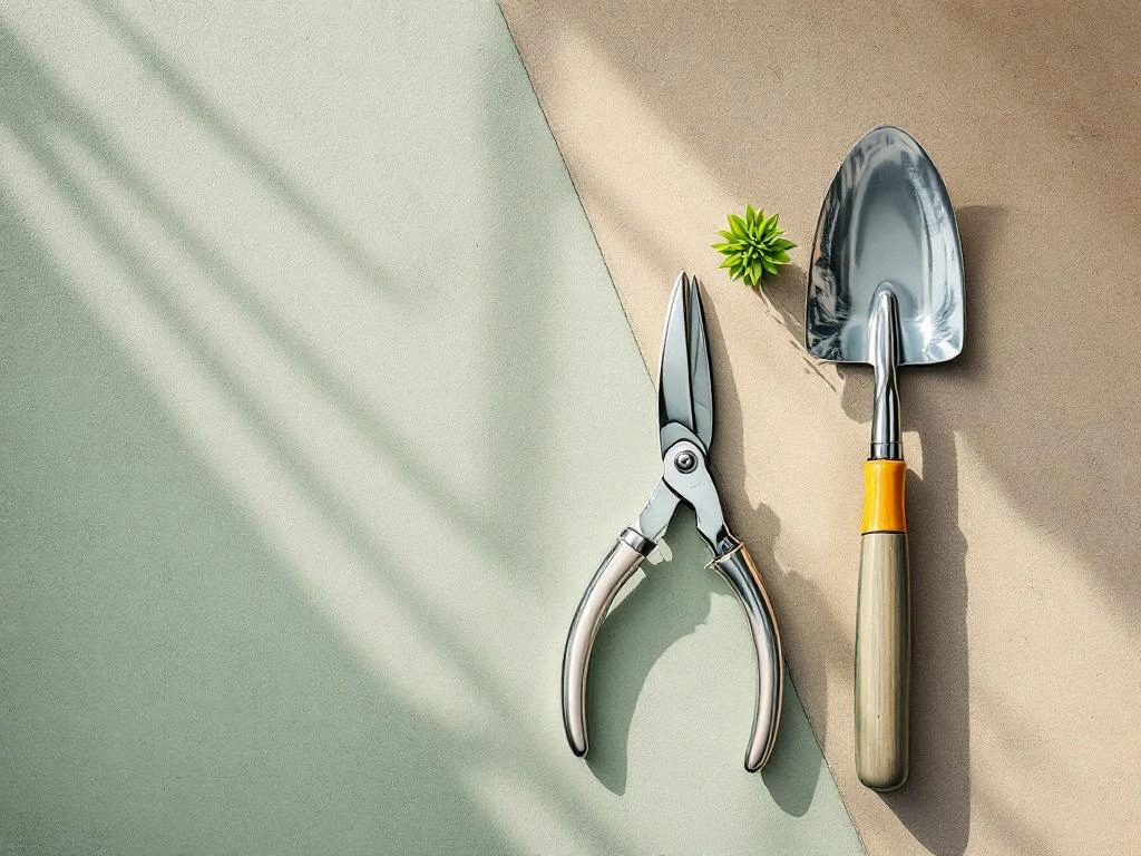 Tuingereedschap symmetrisch gerangschikt op beton met groene plant, bovenaanzicht professionele kwaliteit(Note: This is 110 characters including spaces)