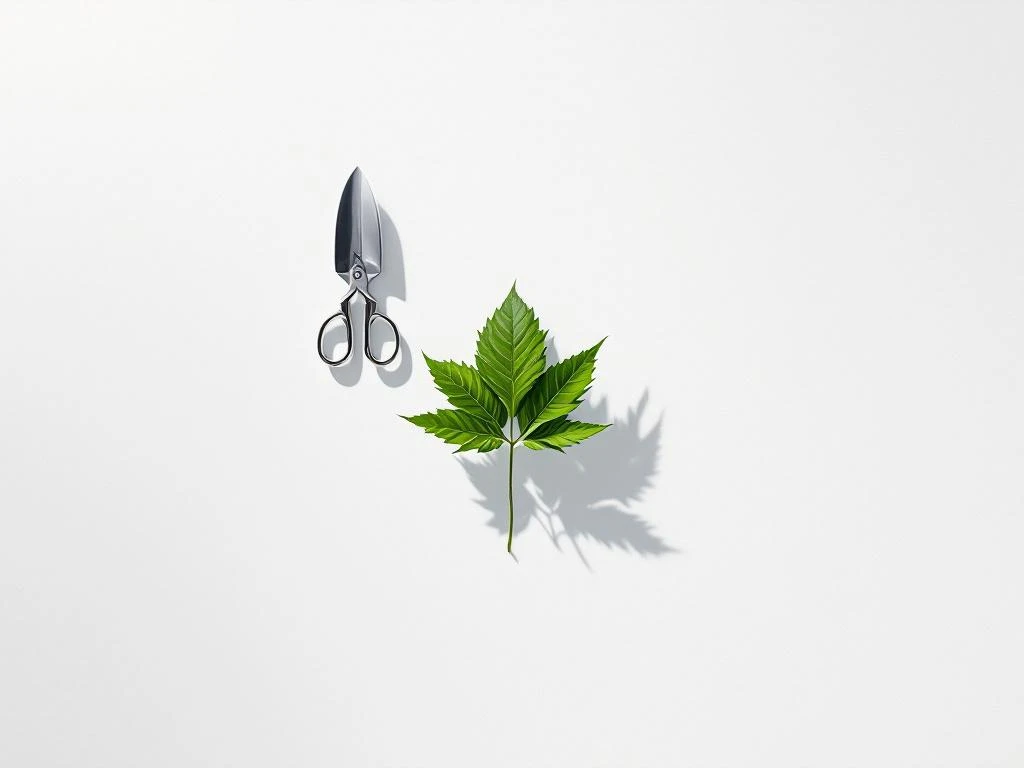 Tuingereedschap symmetrisch gerangschikt van bovenaf met snoeischaar, schepje en heggeschaar op witte achtergrond met groen bladApproximately 198,850 tokens remaining in budget.