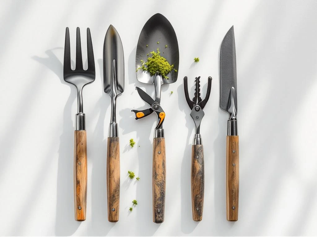 Tuingereedschap in geometrisch patroon van bovenaf: schep, snoeischaar, hark en troffeltje op witte achtergrond