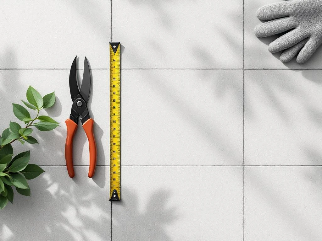 Tuingereedschap symmetrisch gerangschikt op betonnen oppervlak: snoeischaar, meetlint, handschoenen en planten bovenaanzicht