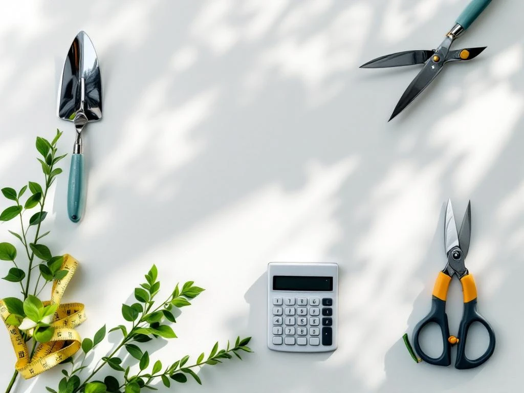 Tuingereedschap met euro's en rekenmachine op wit oppervlak voor tuinbudgetplanning