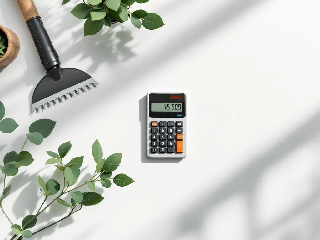 Rekenmachine omringd door tuingereedschap op witte ondergrond, bovenaanzicht met natuurlijk licht en geometrische compositie