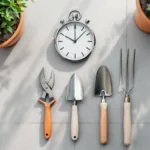 Chromen stopwatch boven symmetrisch gerangschikte tuingereedschappen op beton met plantenpotten in hoeken