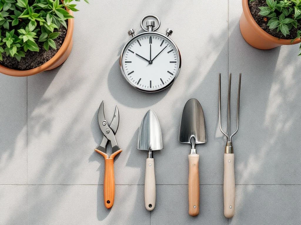 Chromen stopwatch boven symmetrisch gerangschikte tuingereedschappen op beton met plantenpotten in hoeken