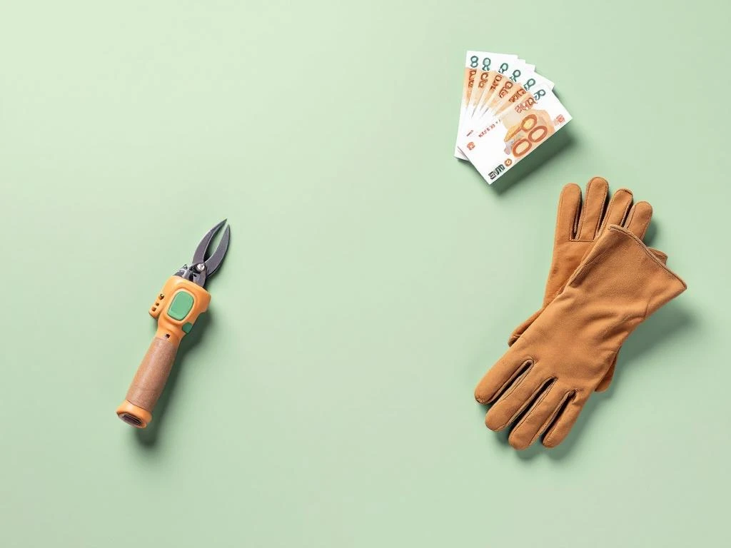 Tuingereedschap en euro bankbiljetten symmetrisch gerangschikt op groene achtergrond, professioneel tuinonderhoud concept