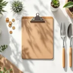 Klembord met eurobankbiljetten en munten op bureau met tuingereedschap en plantjes in minimalistische werkruimte