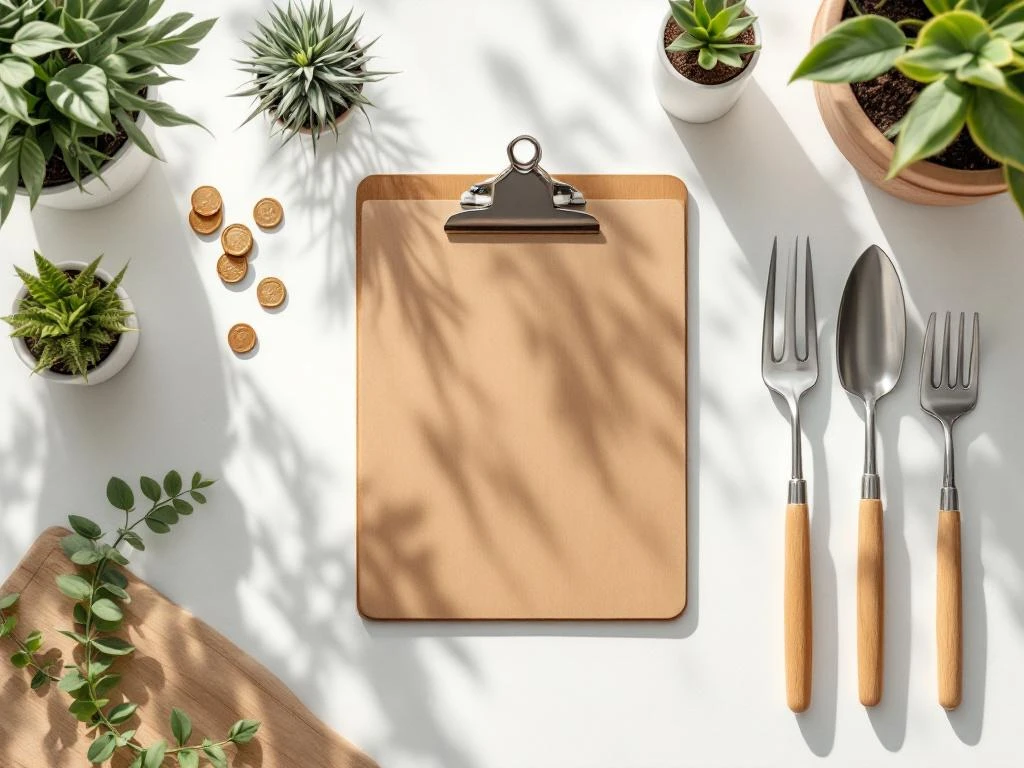 Klembord met eurobankbiljetten en munten op bureau met tuingereedschap en plantjes in minimalistische werkruimte