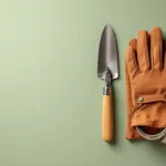 Tuingereedschap symmetrisch gerangschikt op groene achtergrond: snoeischaar, schepje, handschoenen en meetlint