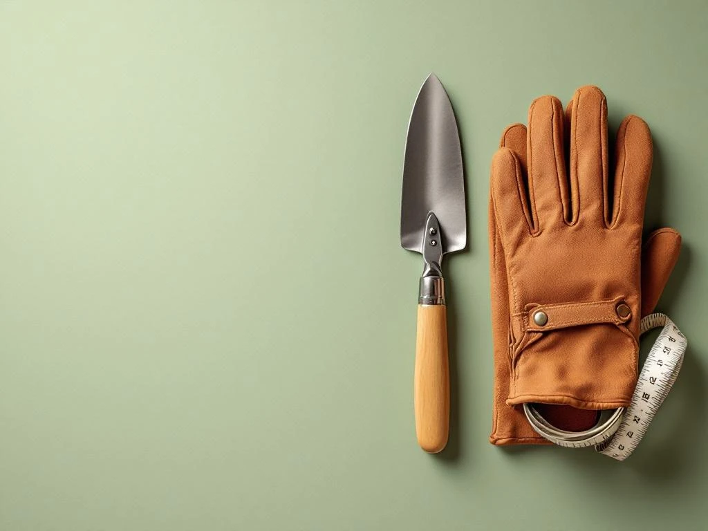 Tuingereedschap symmetrisch gerangschikt op groene achtergrond: snoeischaar, schepje, handschoenen en meetlint